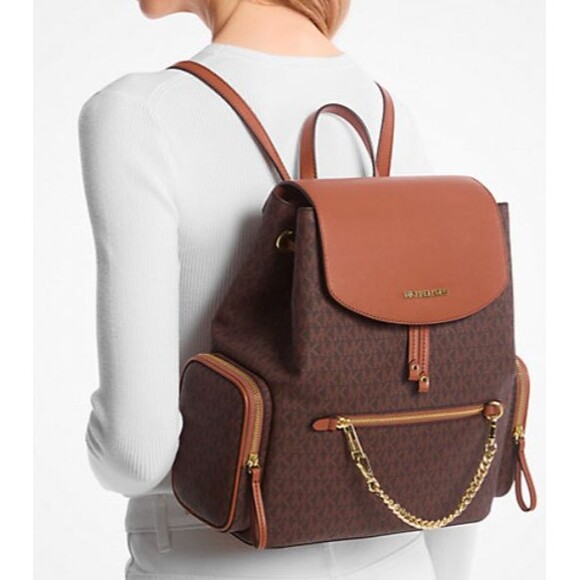 MICHAEL KORS Jet Set Large Logo Backpack Brown Gold Chain Leather Trim NWT - Picture 2 of 5